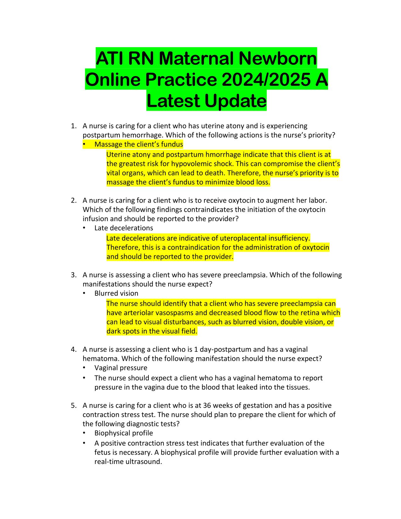 ATI RN Maternal Newborn Online Practice 2025/2025 Latest Update Q&A PDF Download