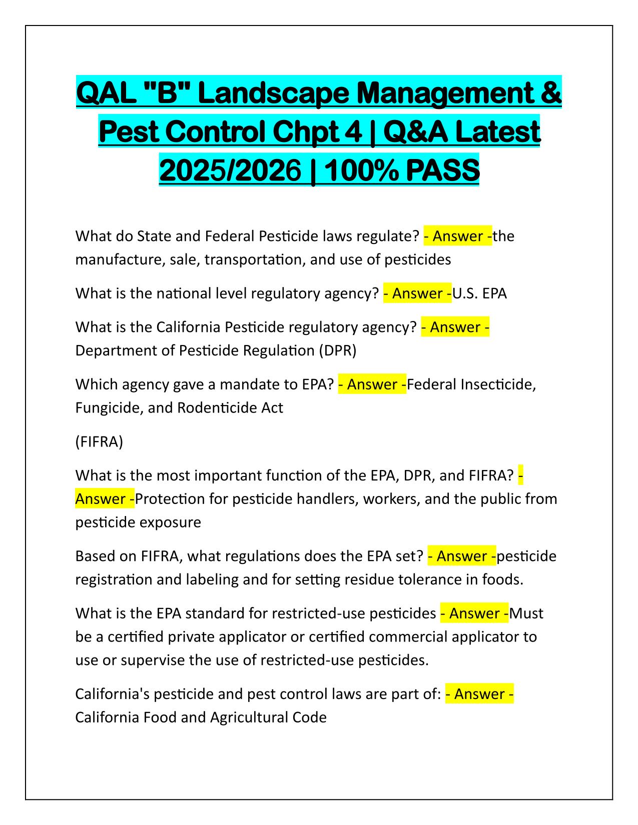 QAL B Landscape Management and Pest Control Chpt 4 Q&A Latest Update 2025