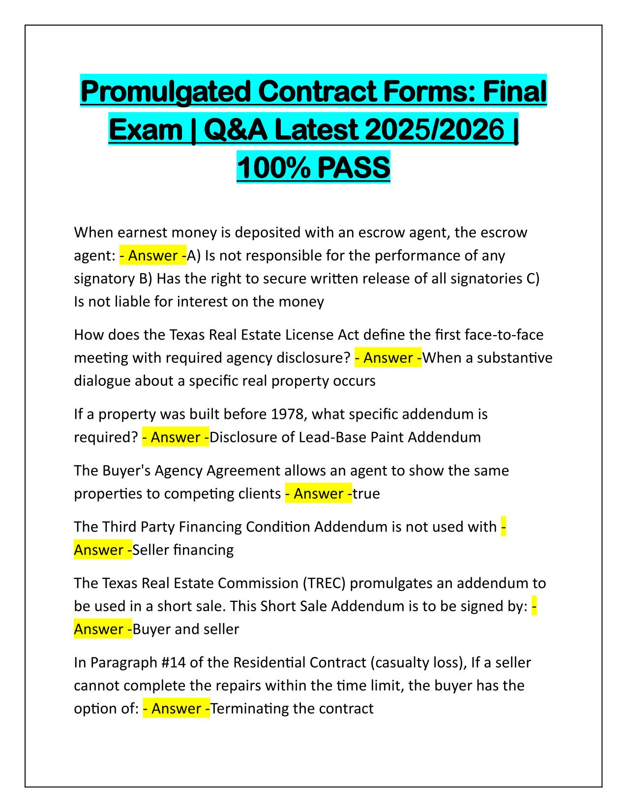 Promulgated Contract Forms: Final Exam Q&A Latest 2025