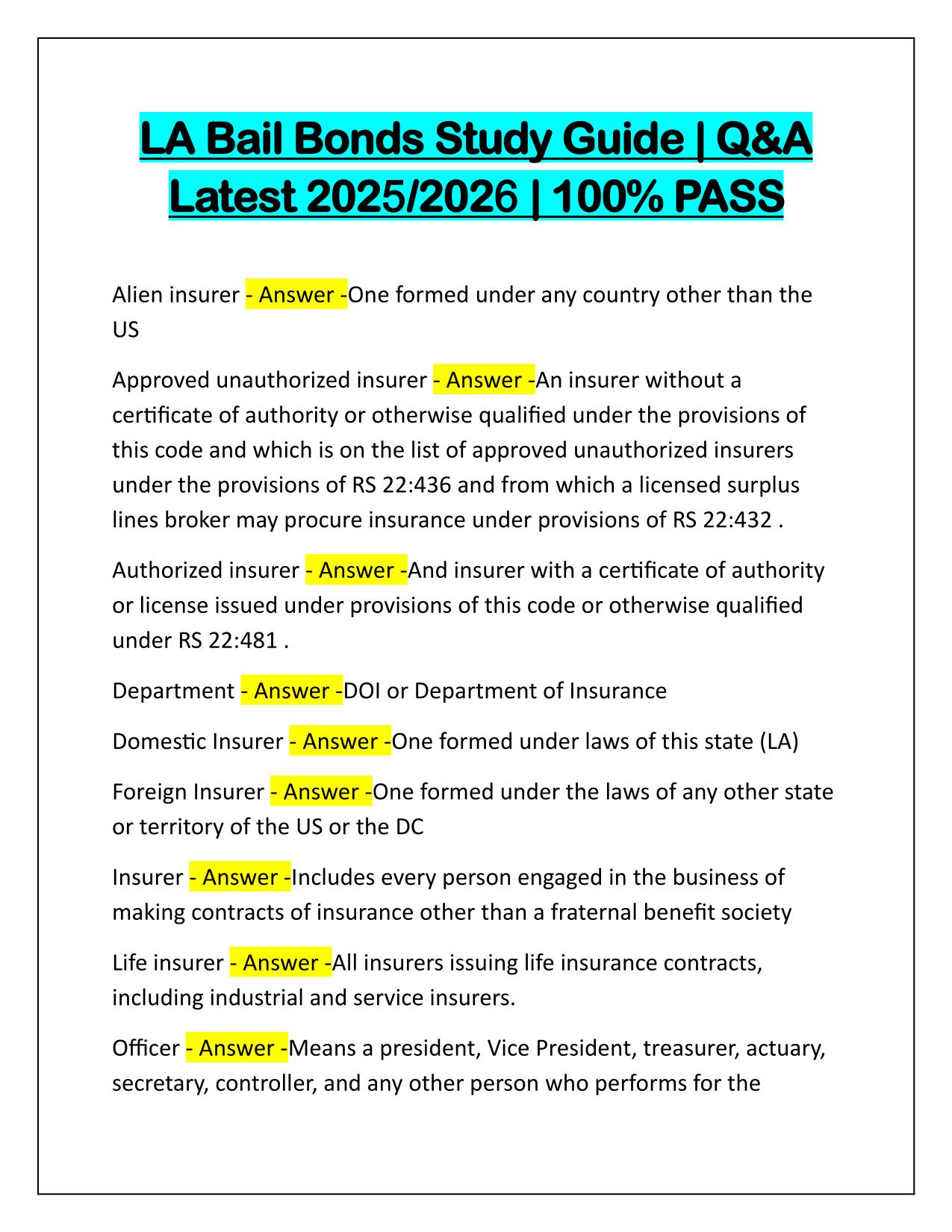 LA Bail Bonds Study Guide Q&A 2025 Updated