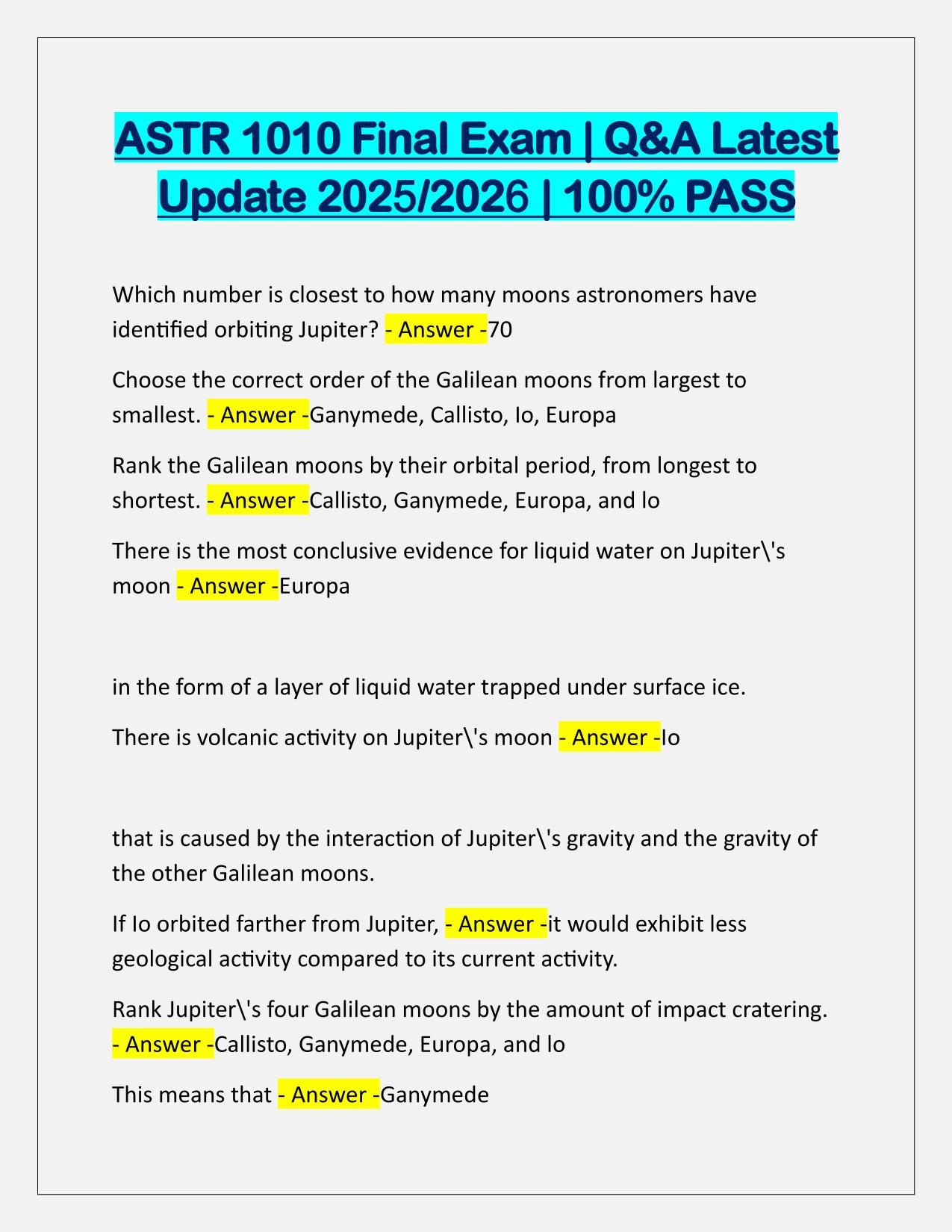 ASTR 1010 Final Exam Q&A Latest Update