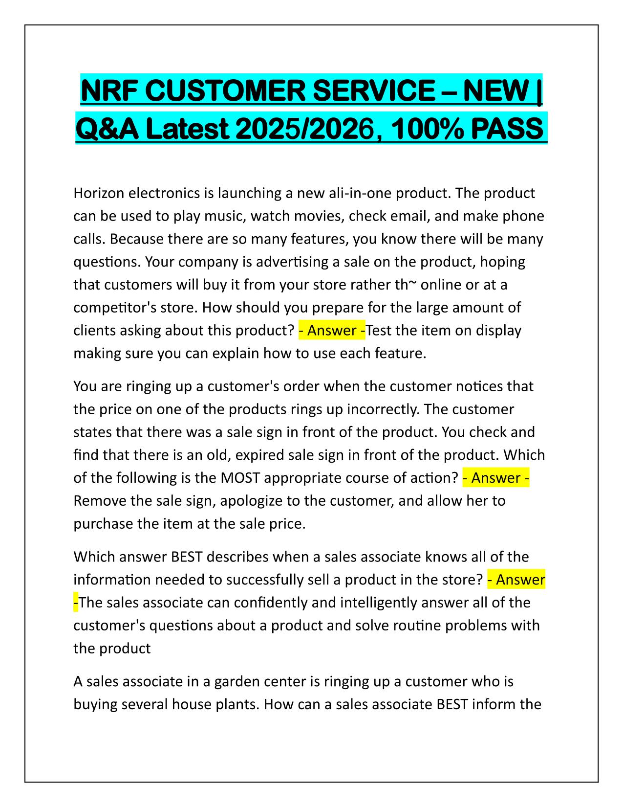 NRF CUSTOMER SERVICE (NEW) Correctly Answered Latest