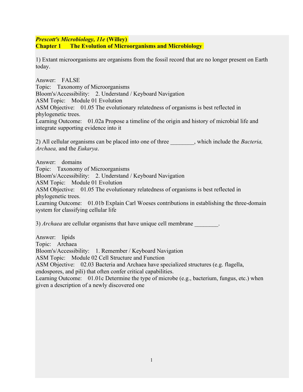 Test Bank For Prescotts Microbiology 11th Edition By Willey Chapter 1-43 Latest 2025 ISBN: 9781260211887