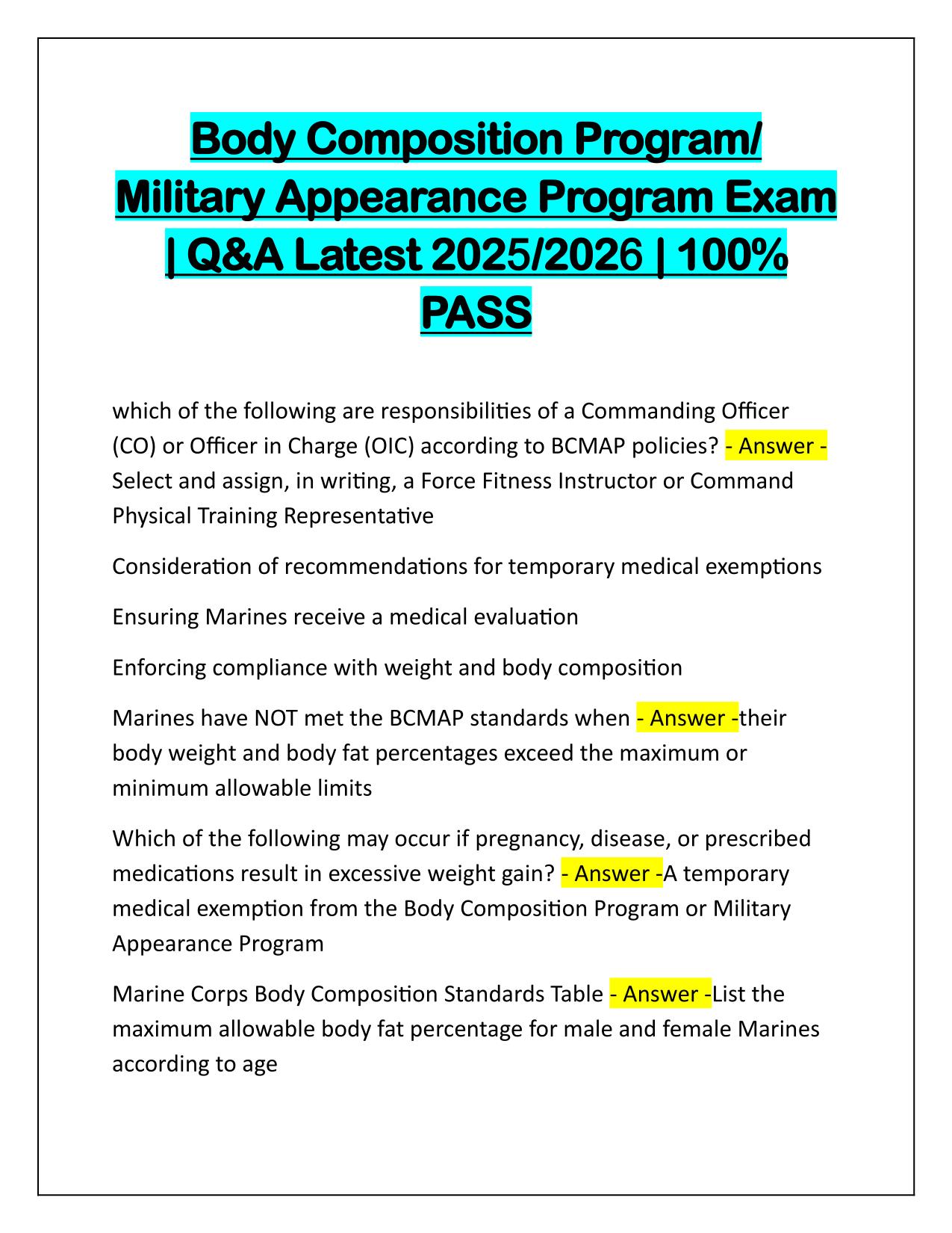 Body Composition Program Military Appearance Program Exam with Correct Answers Latest Updte
