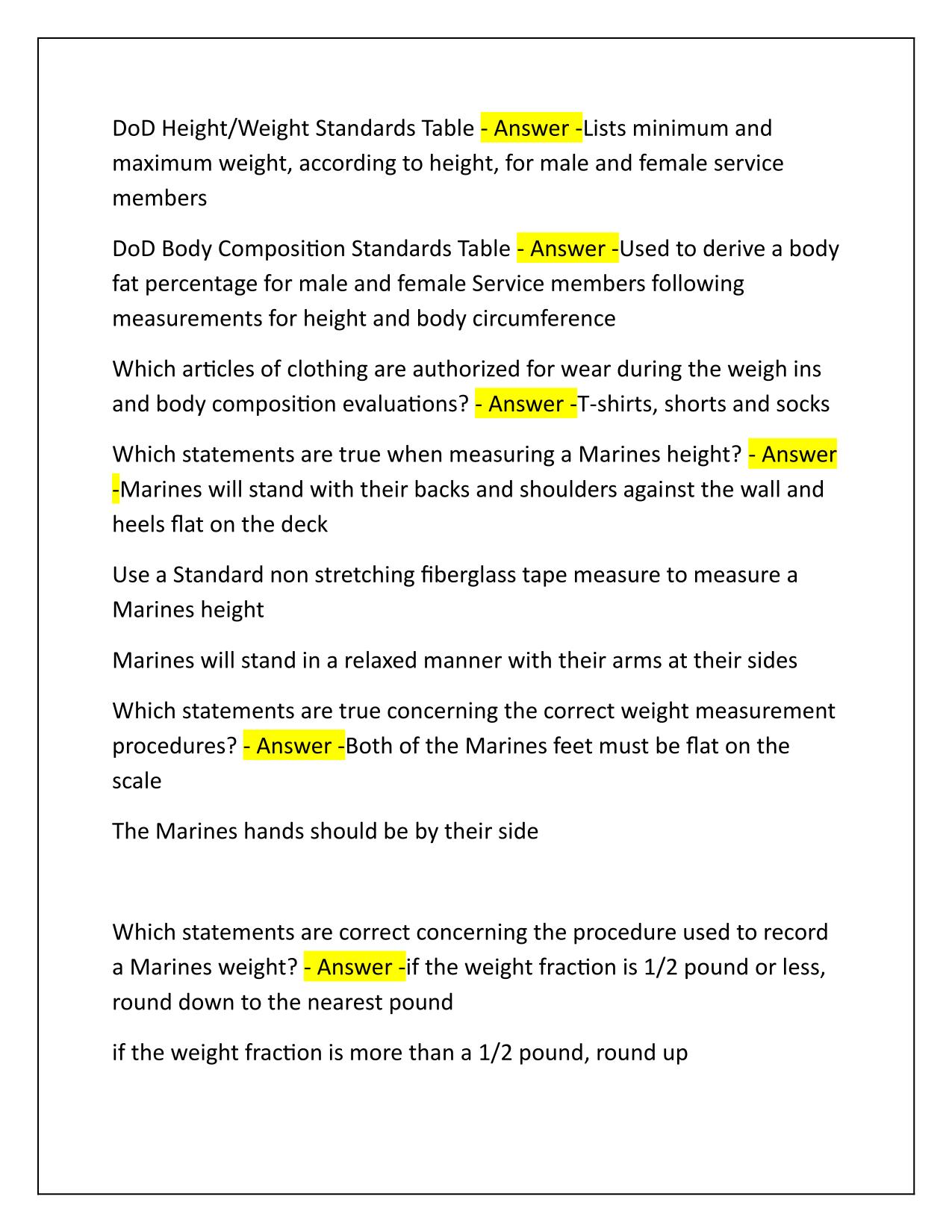Body Composition Program Military Appearance Program Exam with Correct Answers Latest Updte