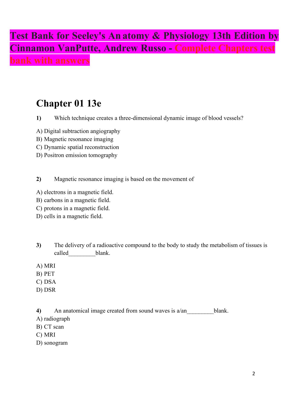 Test Bank for Seeleys Anatomy and Physiology 13th Edition by Cinnamon VanPutte Jennifer Regan ISBN 9781264103881