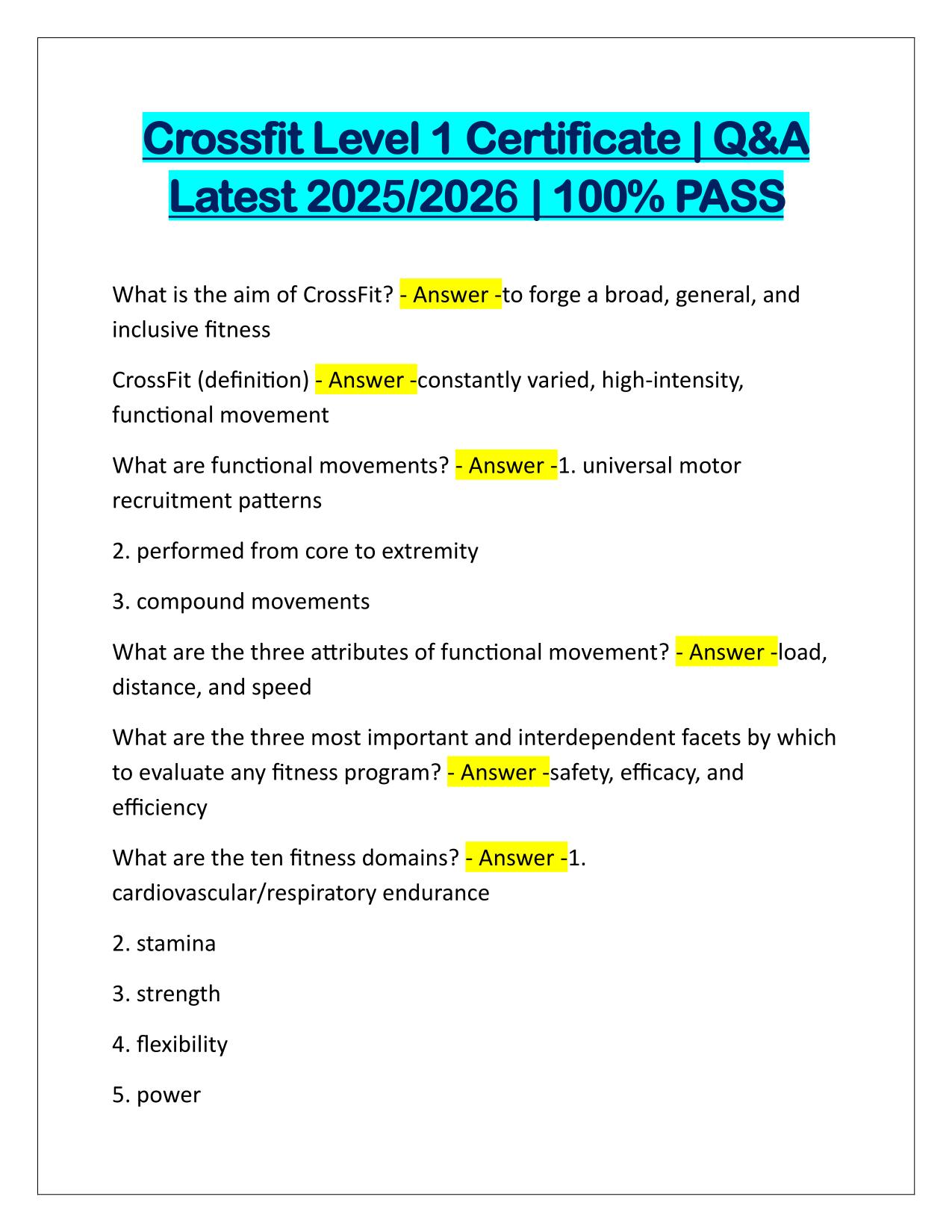 Crossfit Level 1 Certificate Correctly Answered Latest Update