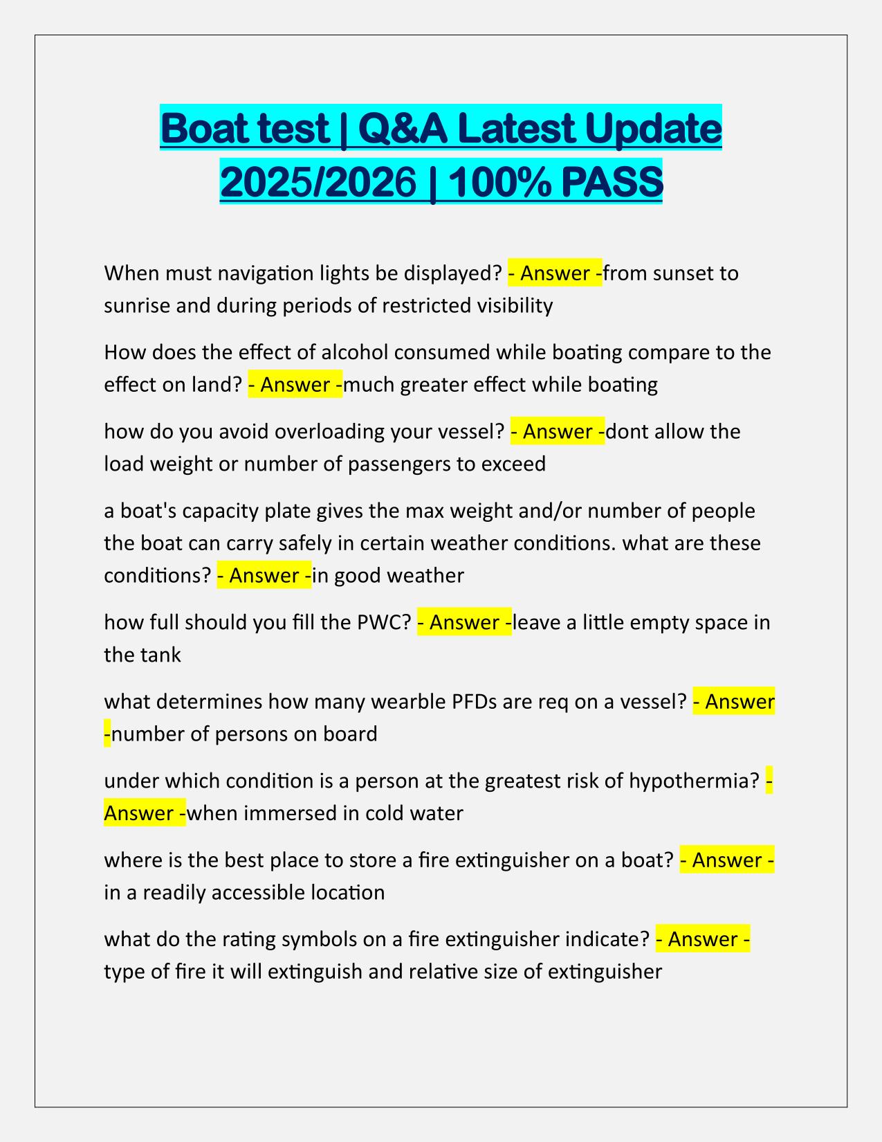Boat test Questions and Correct Answers Latest Update