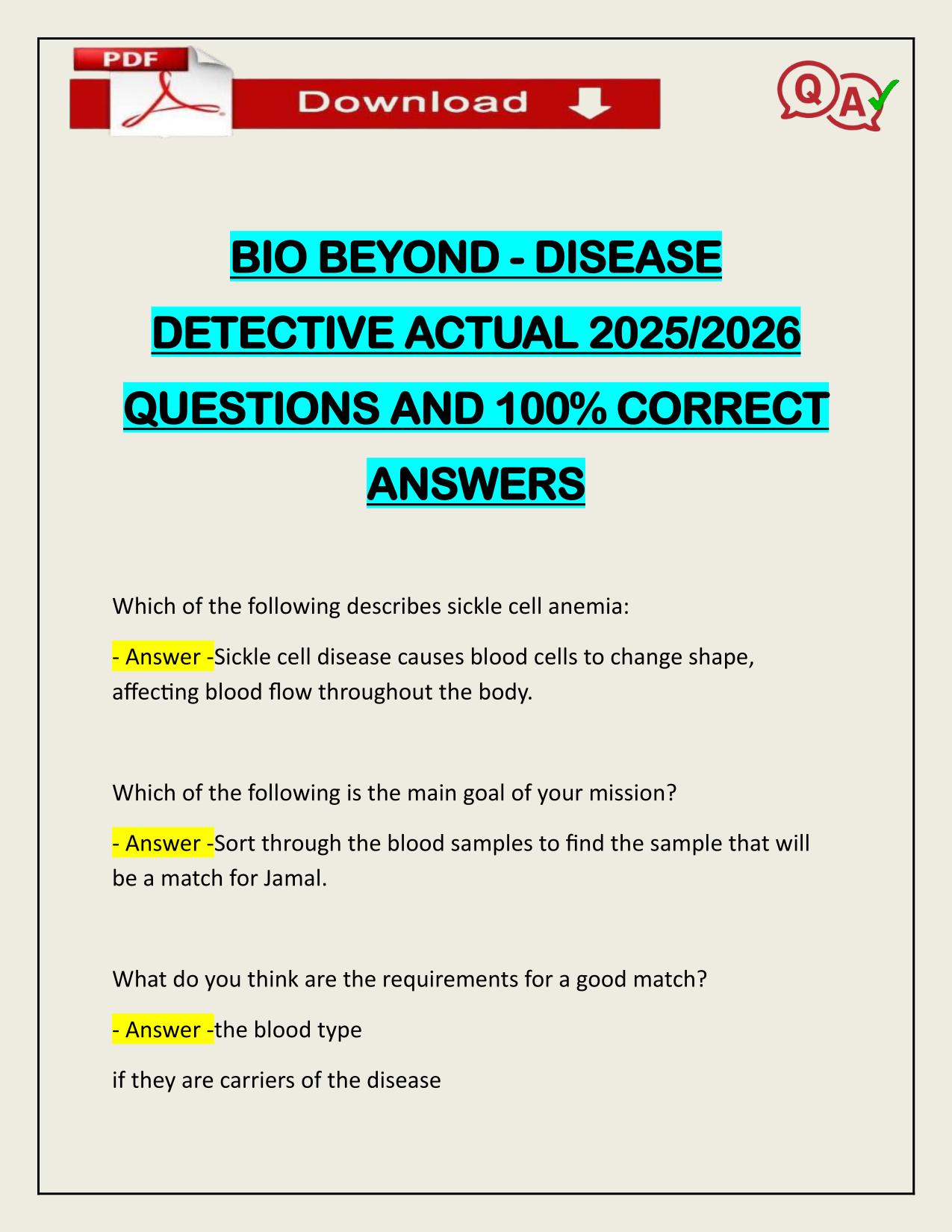 BIO BEYOND - DISEASE DETECTIVE ACTUAL 2025/2026 QUESTIONS AND 100% CORRECT ANSWERS