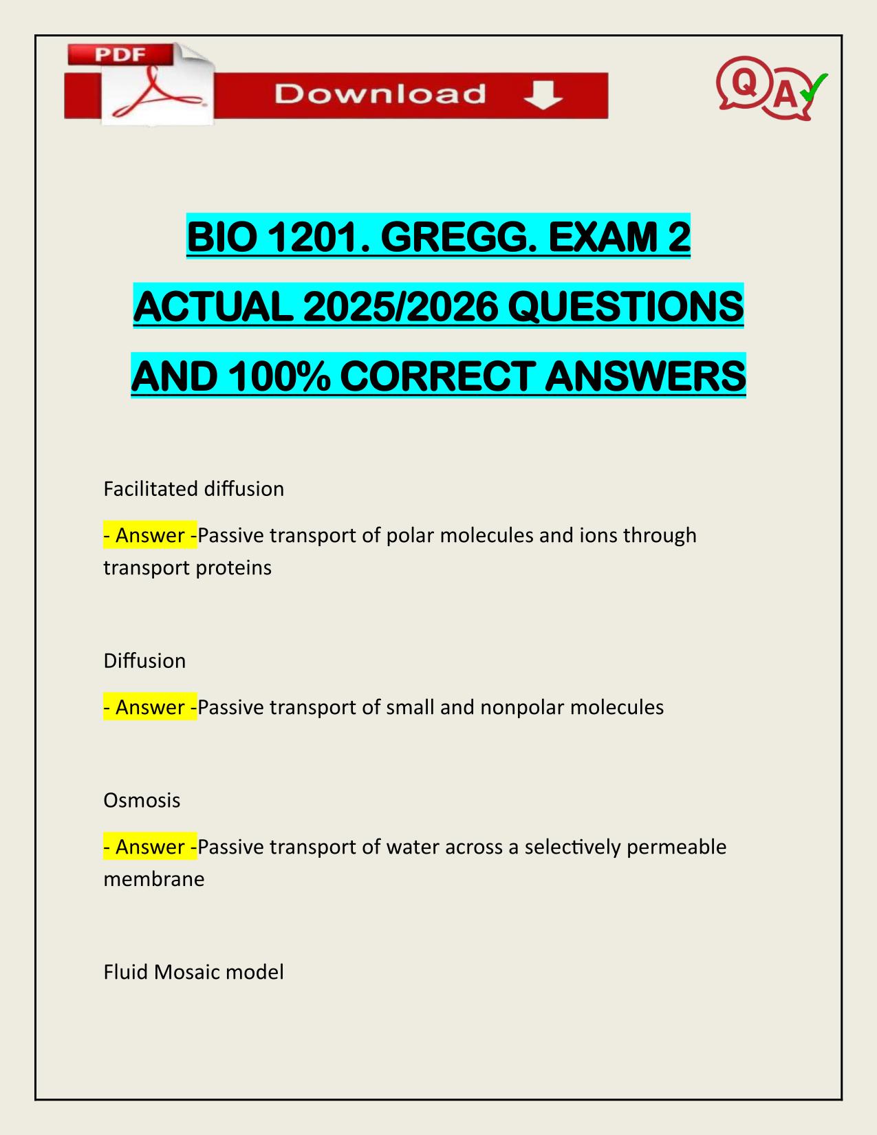 BIO 1201. GREGG. EXAM 2 ACTUAL 2025/2026 QUESTIONS AND 100% CORRECT ANSWERS