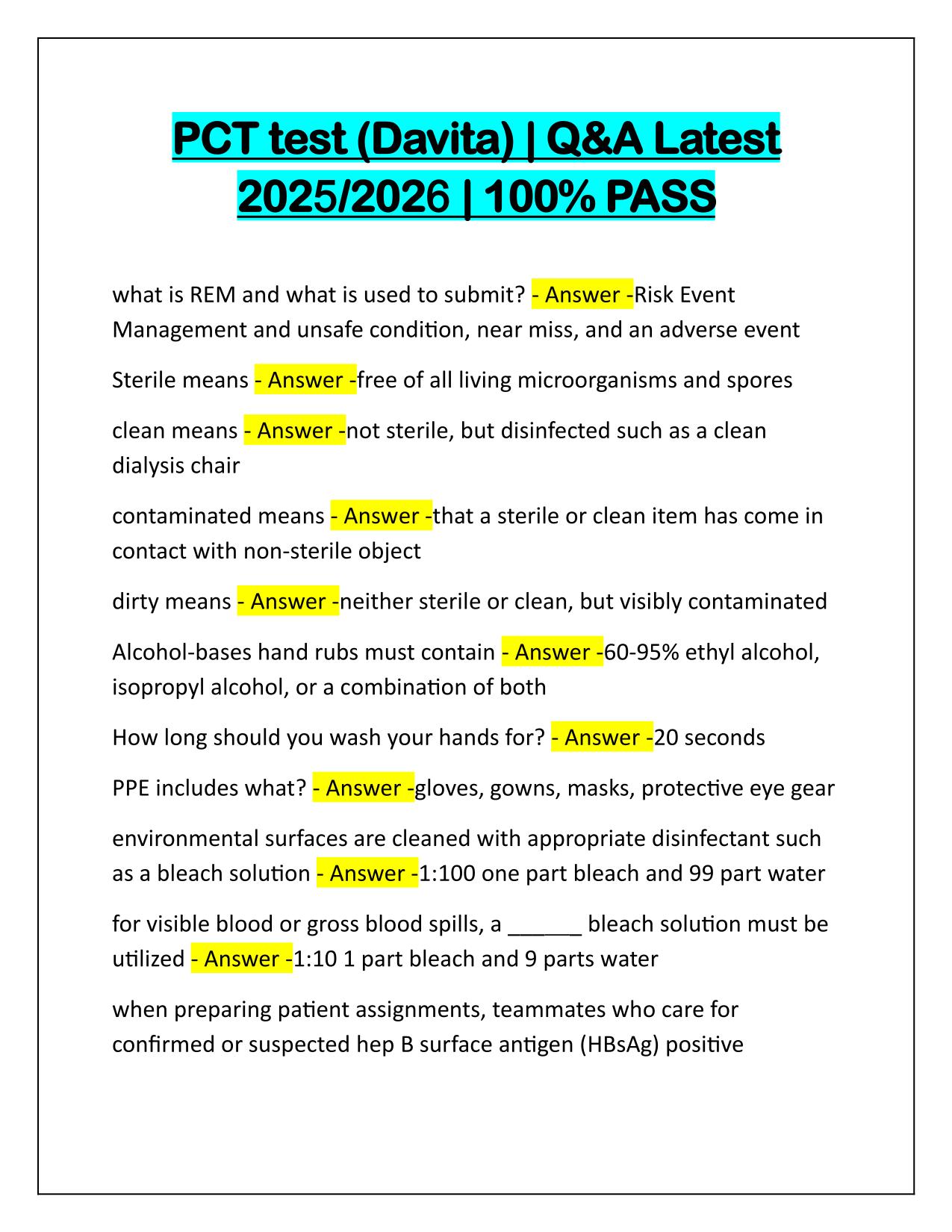 PCT test Davita Questions and Correct Answers Latest Update 2025/2026