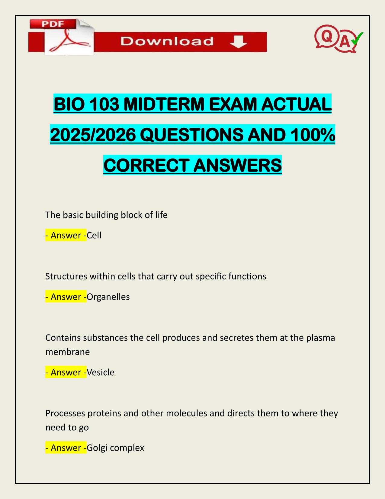 BIO 103 MIDTERM EXAM ACTUAL 2025/2026 CORRECTLY ANSWERED