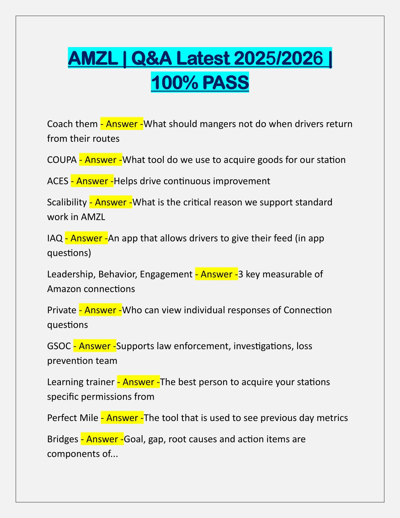AMZL Test Questions and verified Answers