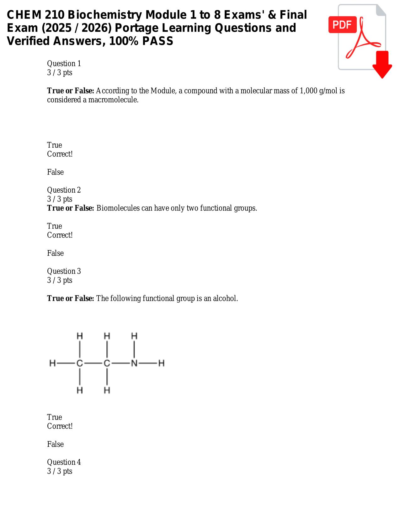 CHEM 210 Biochemistry Module 1 to 8 Exams' & Final Exam (2025 / 2026) Portage Learning