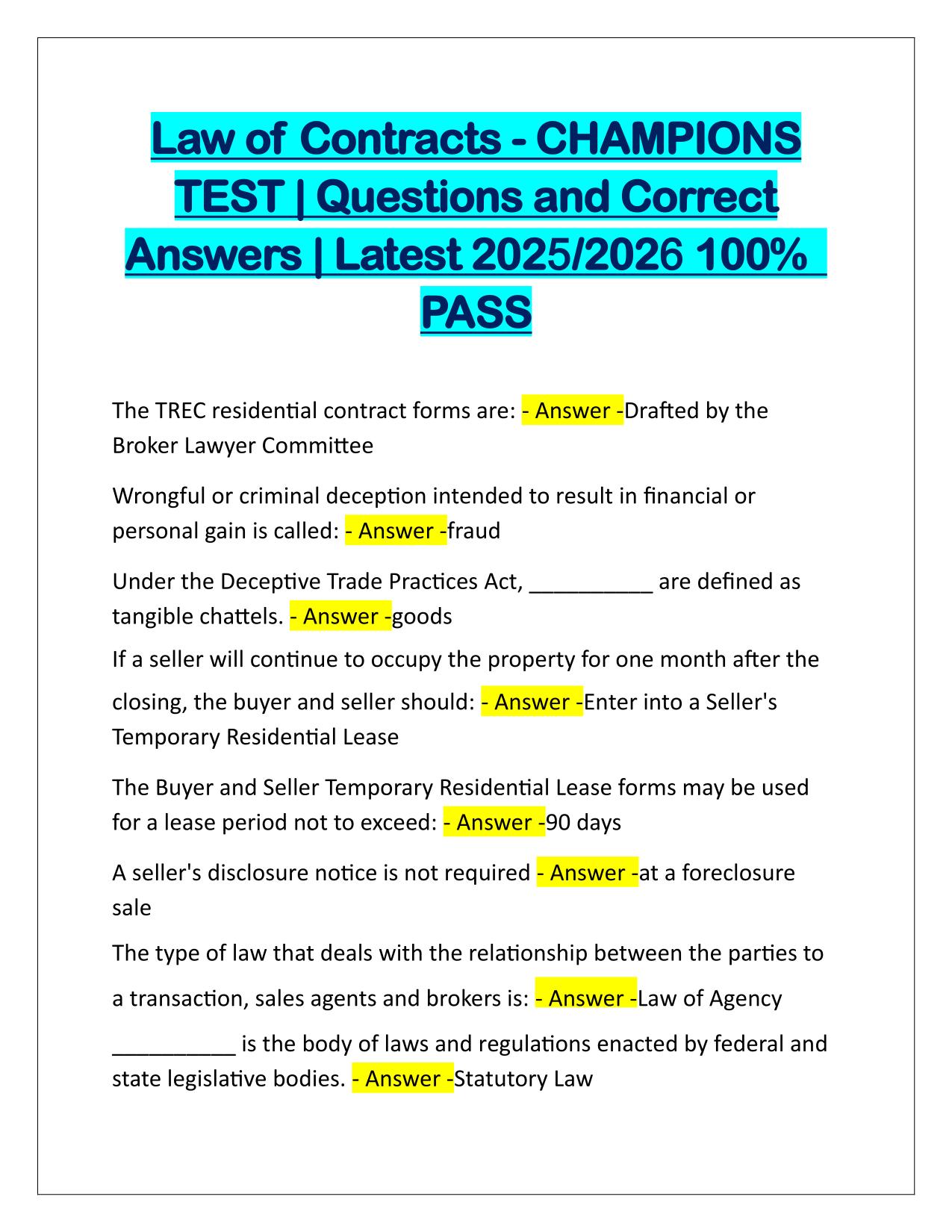 Law of Contracts-CHAMPIONS TEST Q&A Latest Update