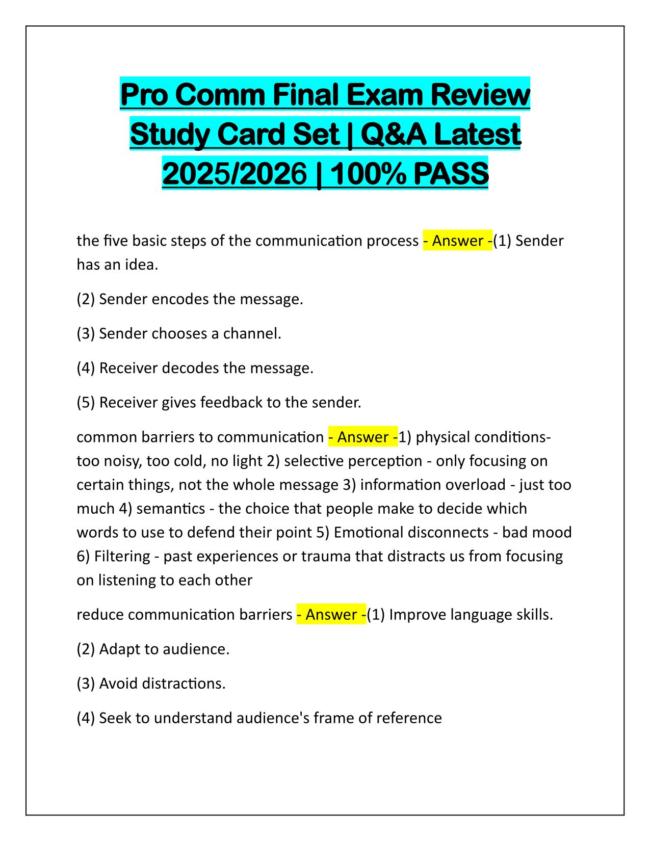 Pro Comm Final Exam Review Study Card Set Q&A Latest Update 2025-2026