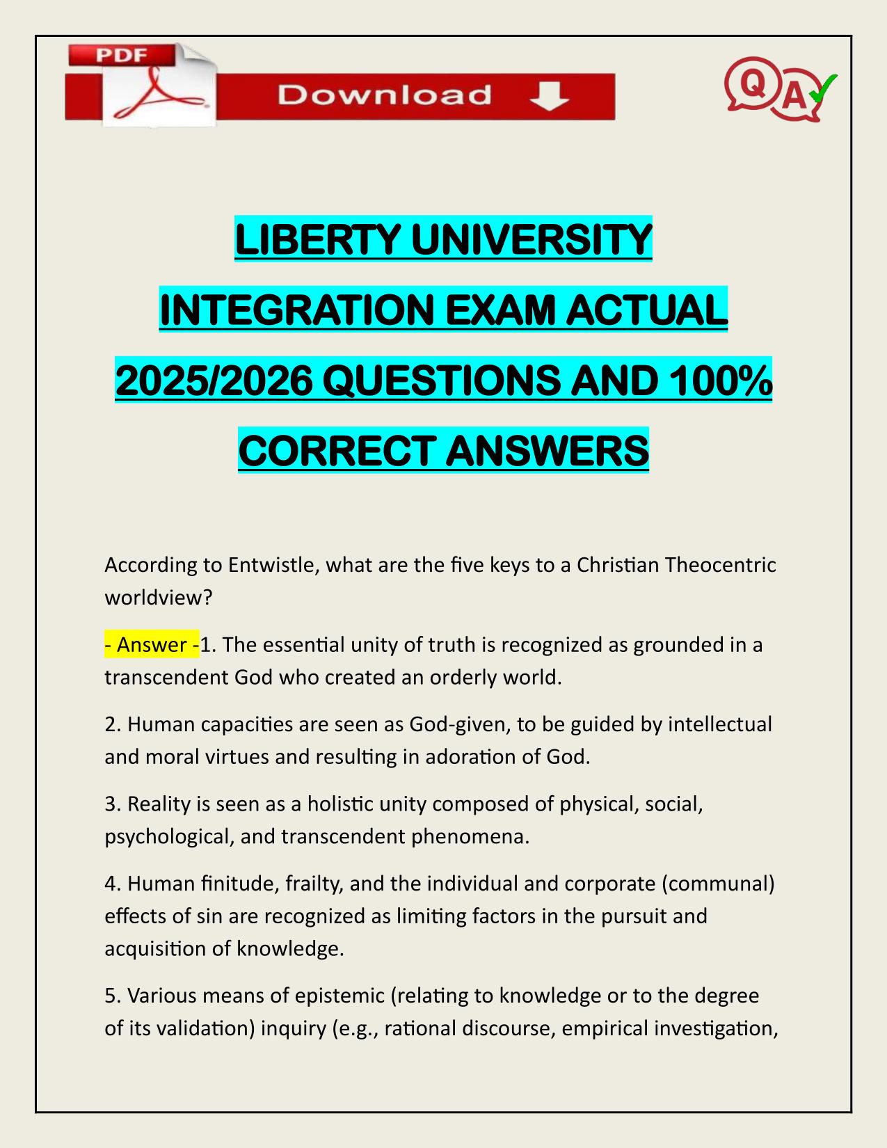 LIBERTY UNIVERSITY INTEGRATION EXAM ACTUAL 2025/2026 Q&A 100% PASS
