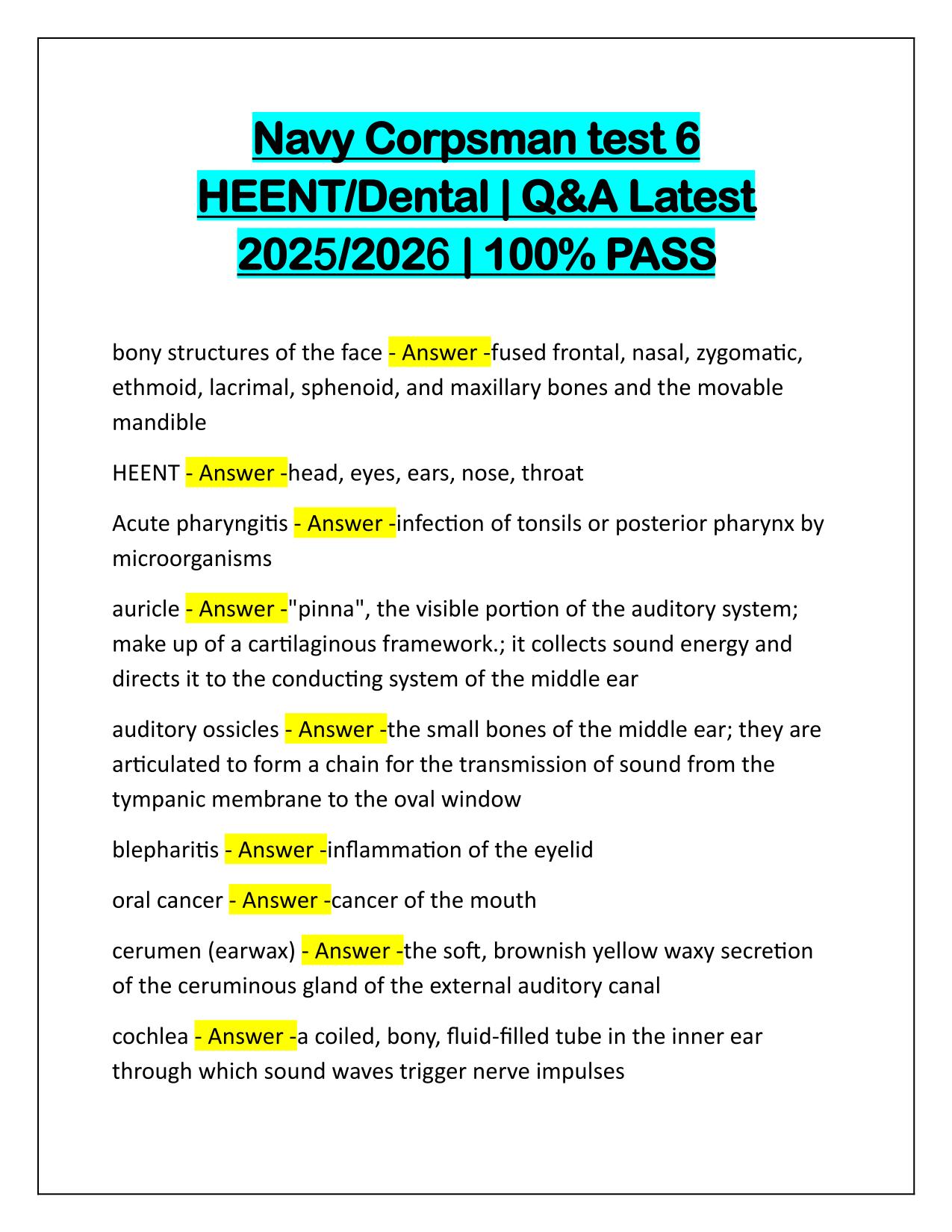 Navy Corpsman test 6 HEENT-Dental Q&A Latest Update 2025