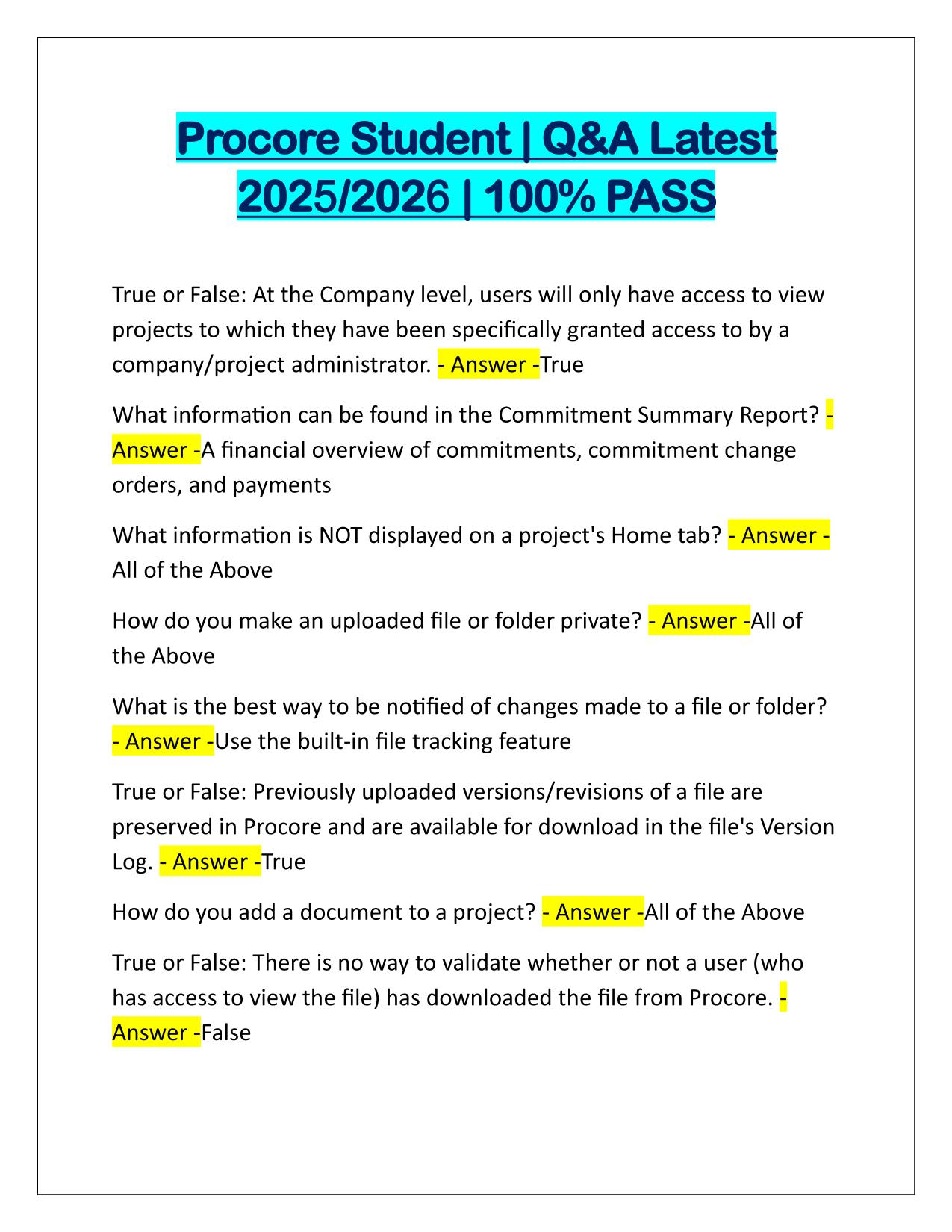 Procore Student Questions and Correct Answers Latest Update