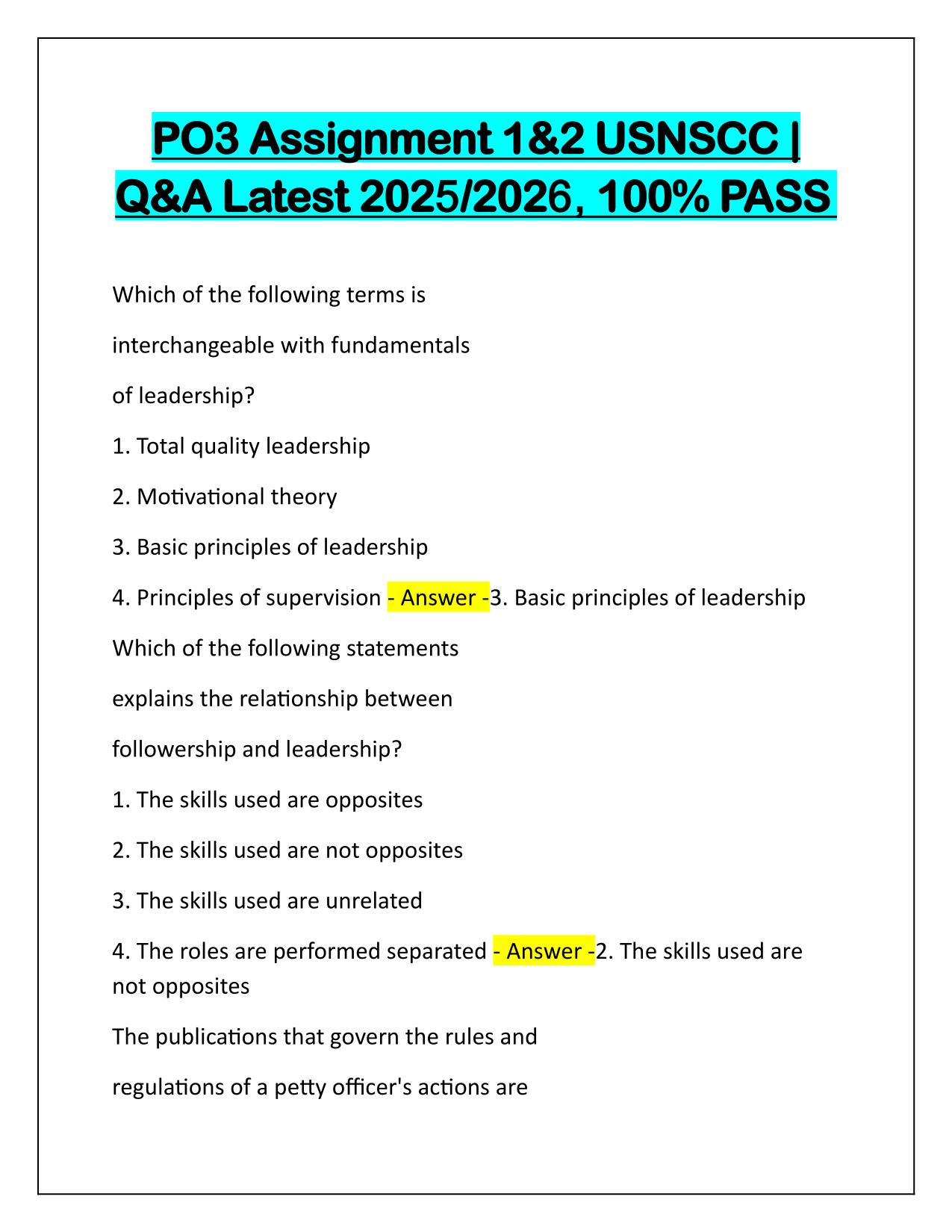 Bundle for USNSCC PO1, PO2, PO3 Exams Q&A Latest Update 2025-2026