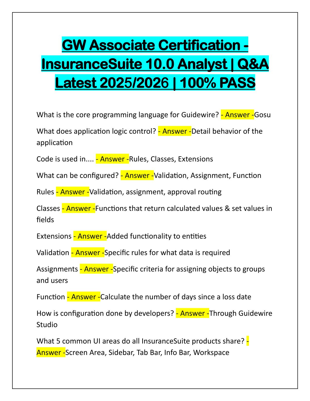 GW Associate Certification Insurance Suite 10.0 Analyst Q&A Latest Update