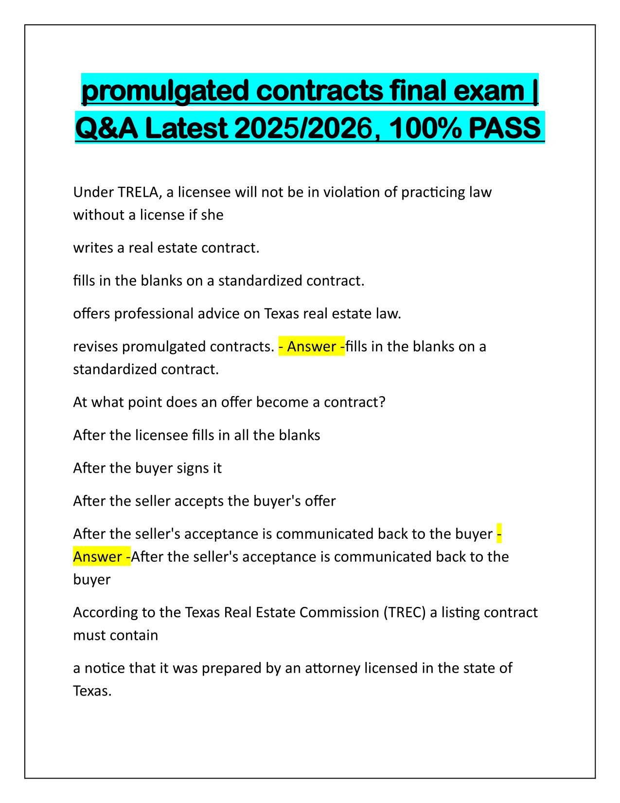 Promulgated Contracts final exam Q&A Latest Update