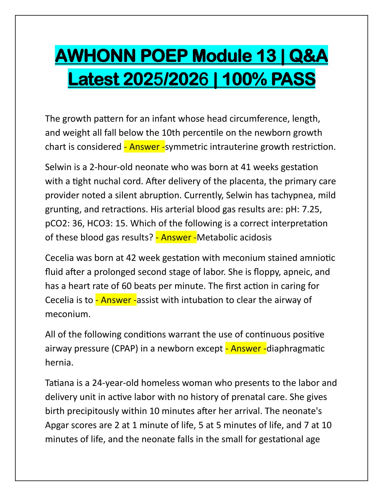 AWHONN POEP Module 13 Q&A Latest Update 2025-2026 Update