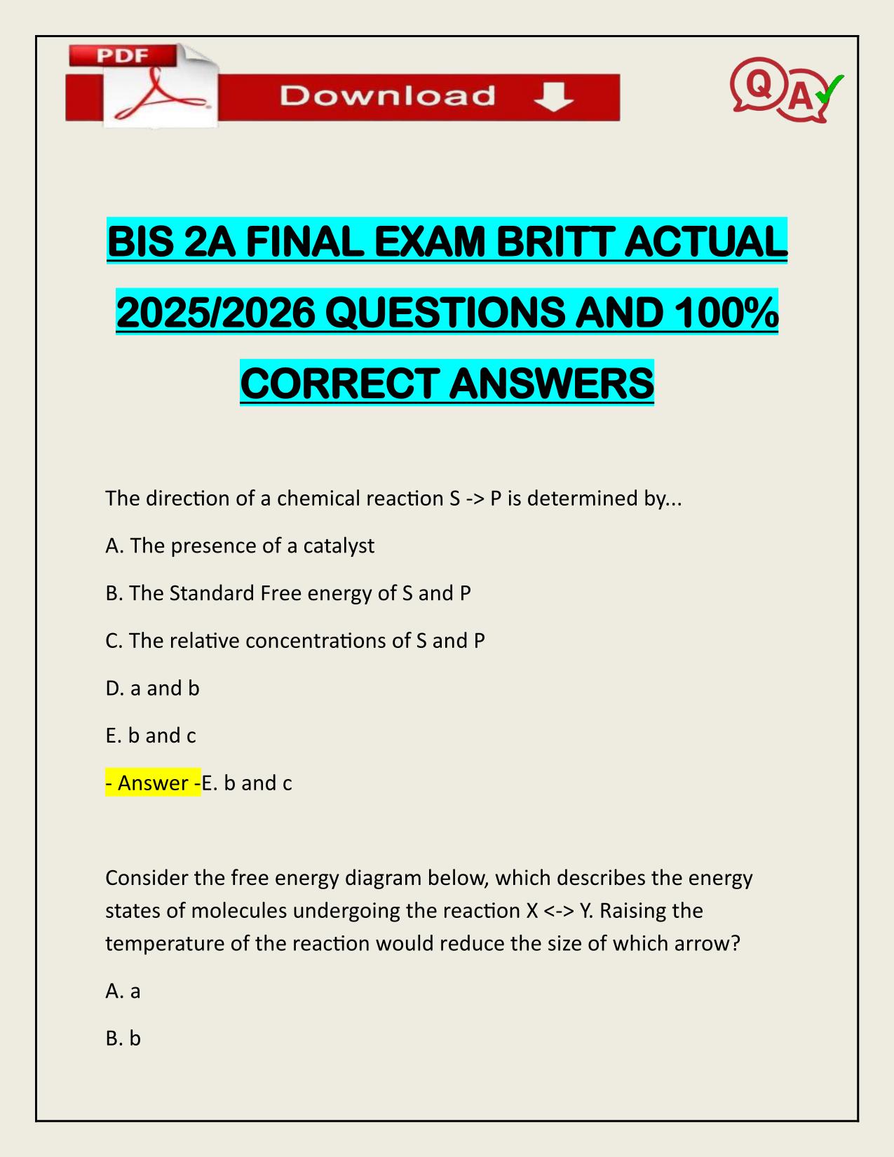 BIS 2A FINAL EXAM BRITT ACTUAL 2025/2026 CORRECTLY ANSWERED