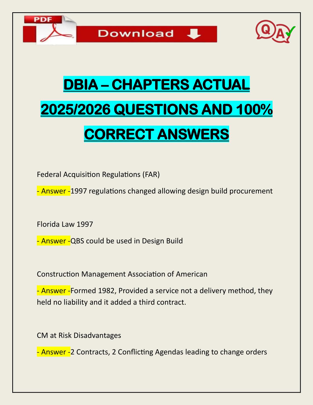 DBIA – CHAPTERS ACTUAL 2025/2026 CORRECTLY ANSWERED