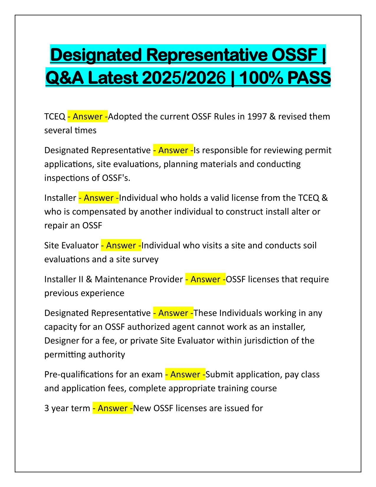 Designated Representative OSSF Correctly Answered Latest Update 2025