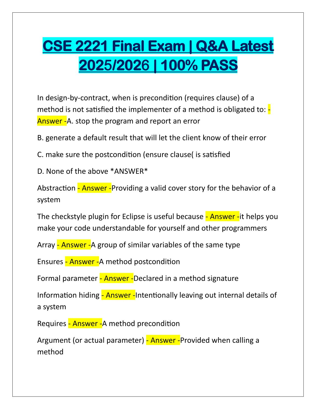 CSE 2221 Final Exam Q&A Latest Update