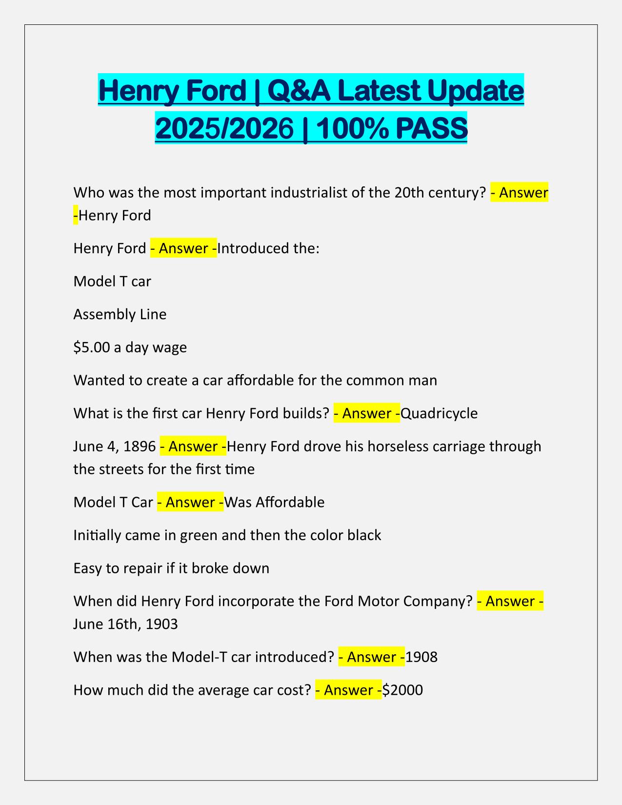 Henry Ford Test Q&A Latest Update