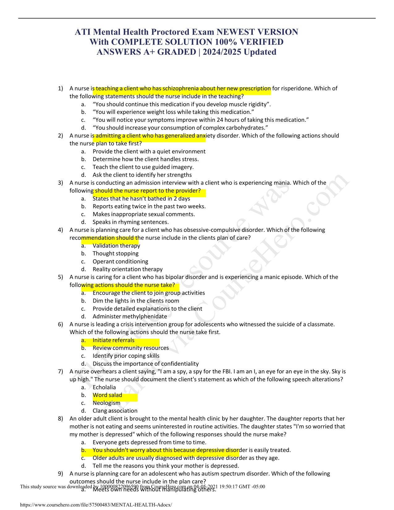 ATI Mental Health Proctored Exam NEWEST VERSION With COMPLETE SOLUTION 100% VERIFIED ANSWERS A+ GRADED | 2025/2026 Updated