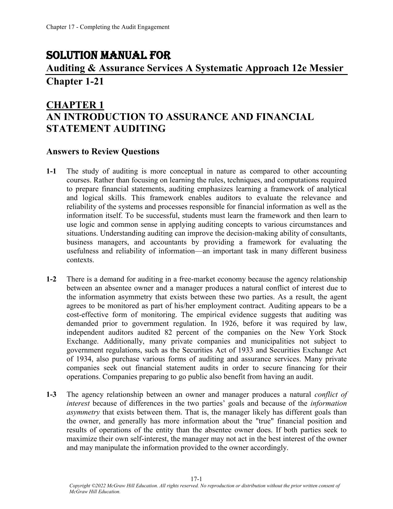 Solution Manual For Auditing and Assurance Services A Systematic Approach 12th Edition Messier ISBN 9781264100675