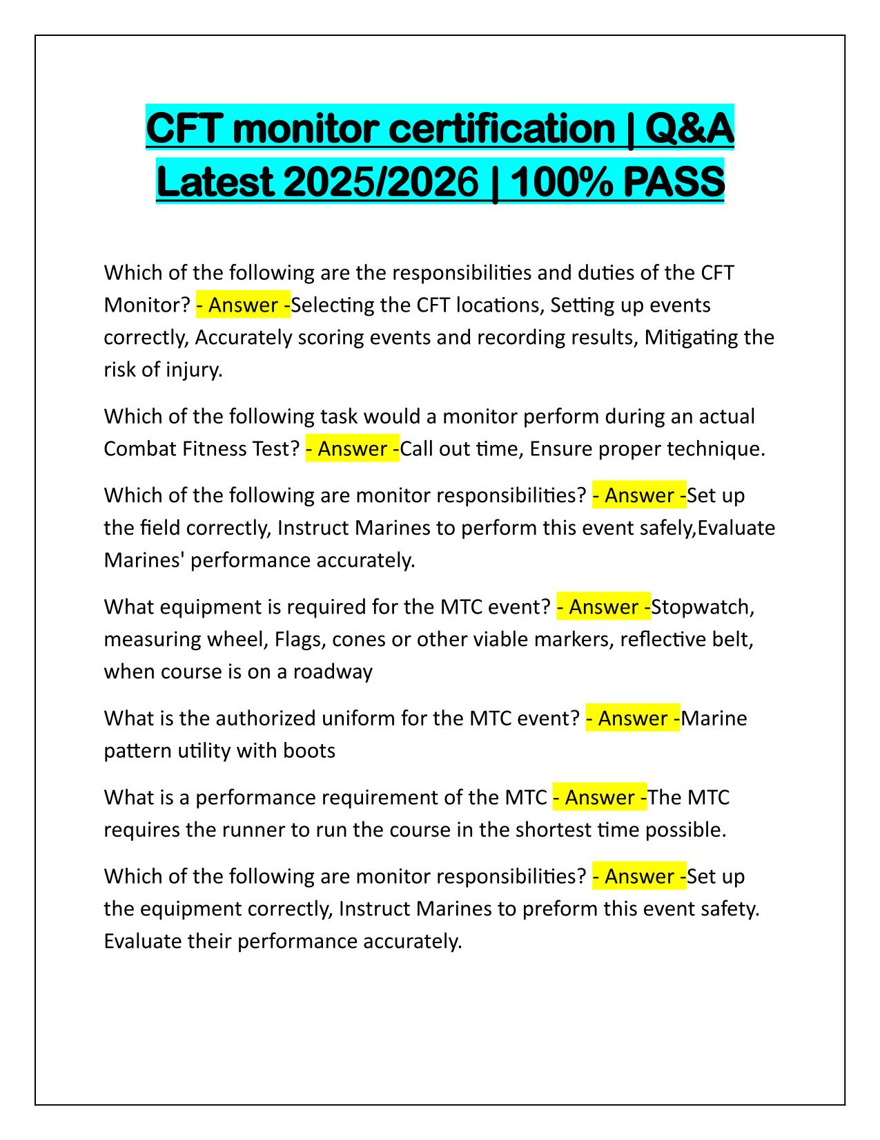 CFT monitor certification Q&A Latest Update 2025-2026