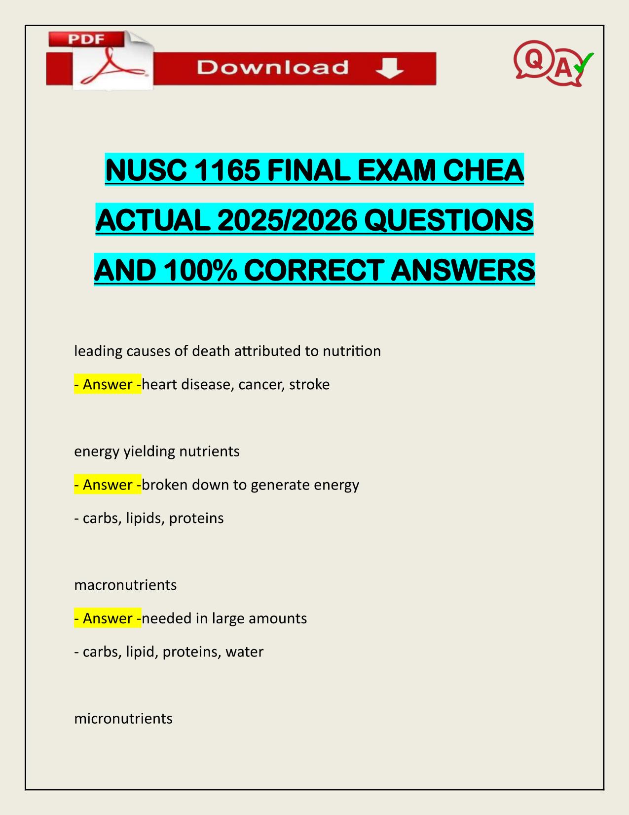 NUSC 1165 FINAL EXAM CHEA ACTUAL 2025/2026 QUESTIONS AND 100% CORRECT ANSWERS