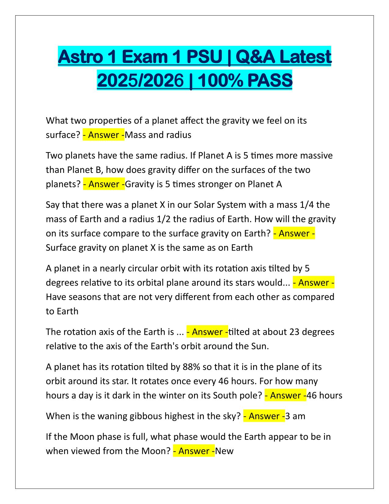 Astro 1 Exam 1 PSU Q&A Latest Update
