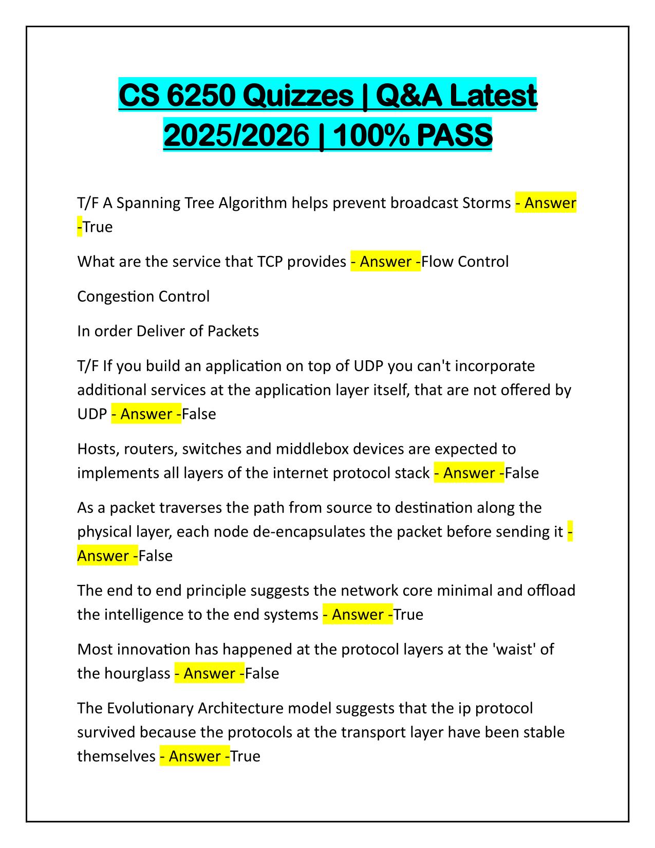 CS 6250 Quizzes Questions and Correct Answers Latest Update 100% PASS