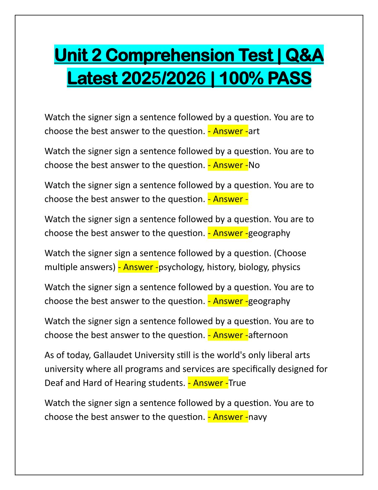 Package Deal for ASL Units Comprehension Tests Q&A Latest Update 2025-2026