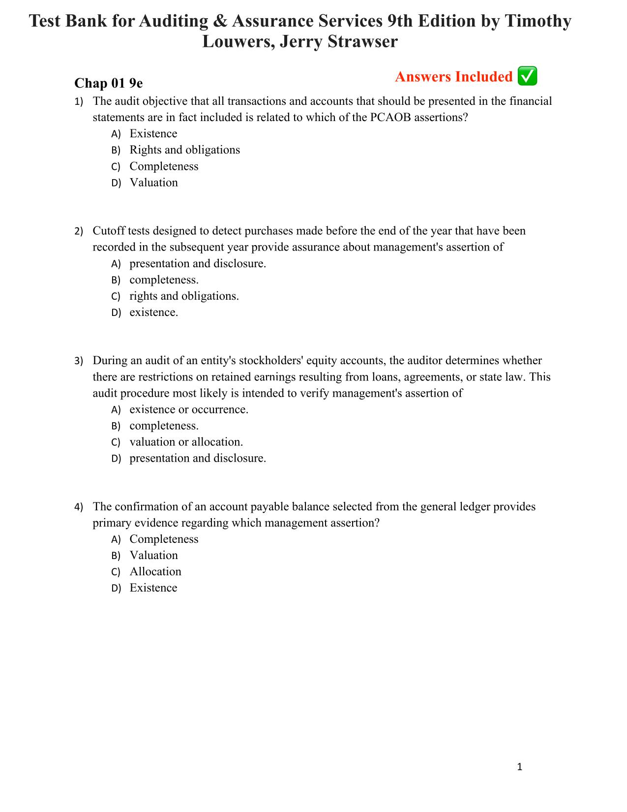 TEST BANK For Louwers, Auditing and Assurance Services 9th Edition, by Louwers, Bagley, Blay, Strawser, and Thibodeau, Verified Chapters 1 - 12
