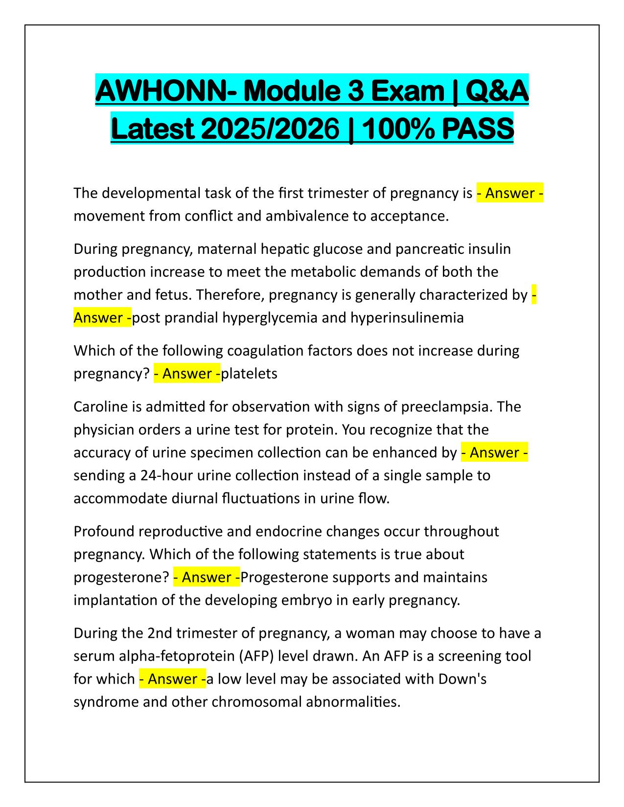 AWHONN- Module 3 Exam Correctly Answered Latest Update 2025-2026