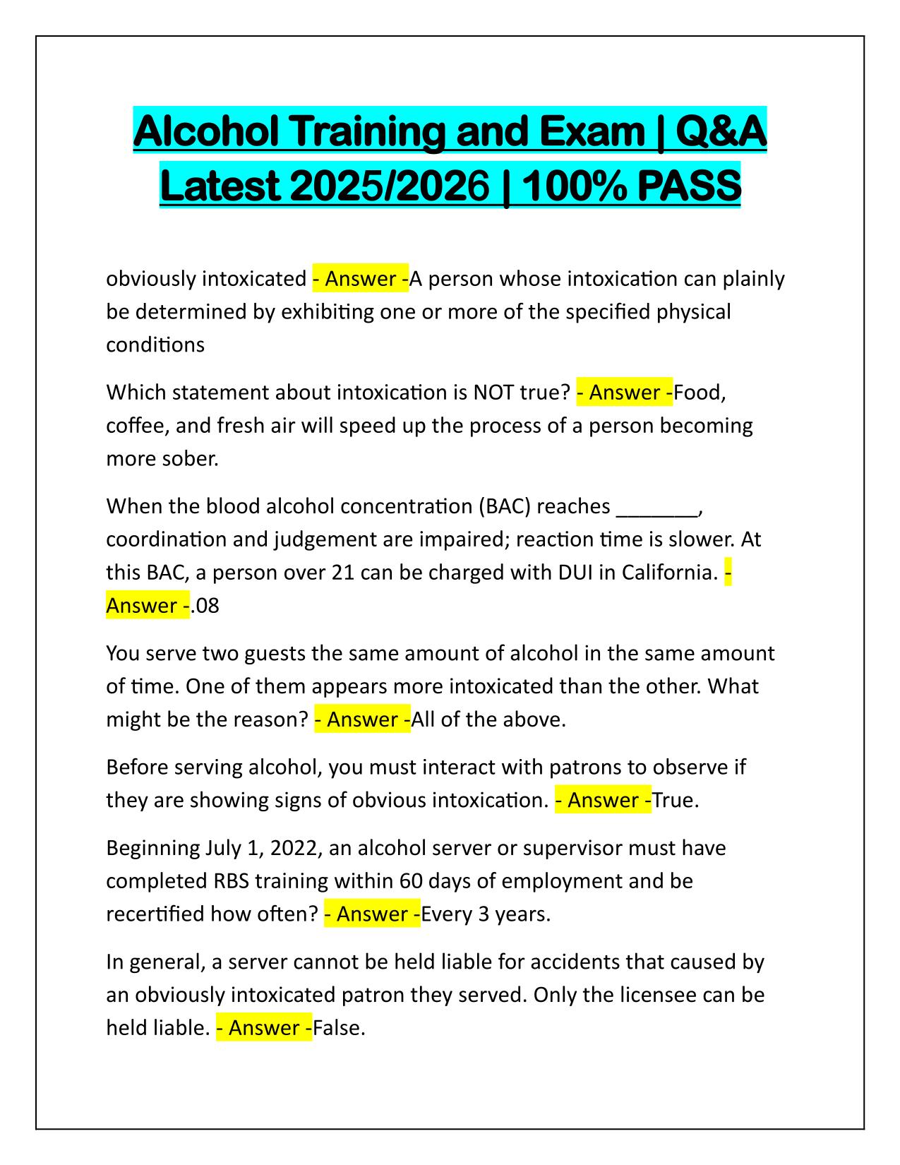 Alcohol Training and Exam Correctly Answered Latest Update