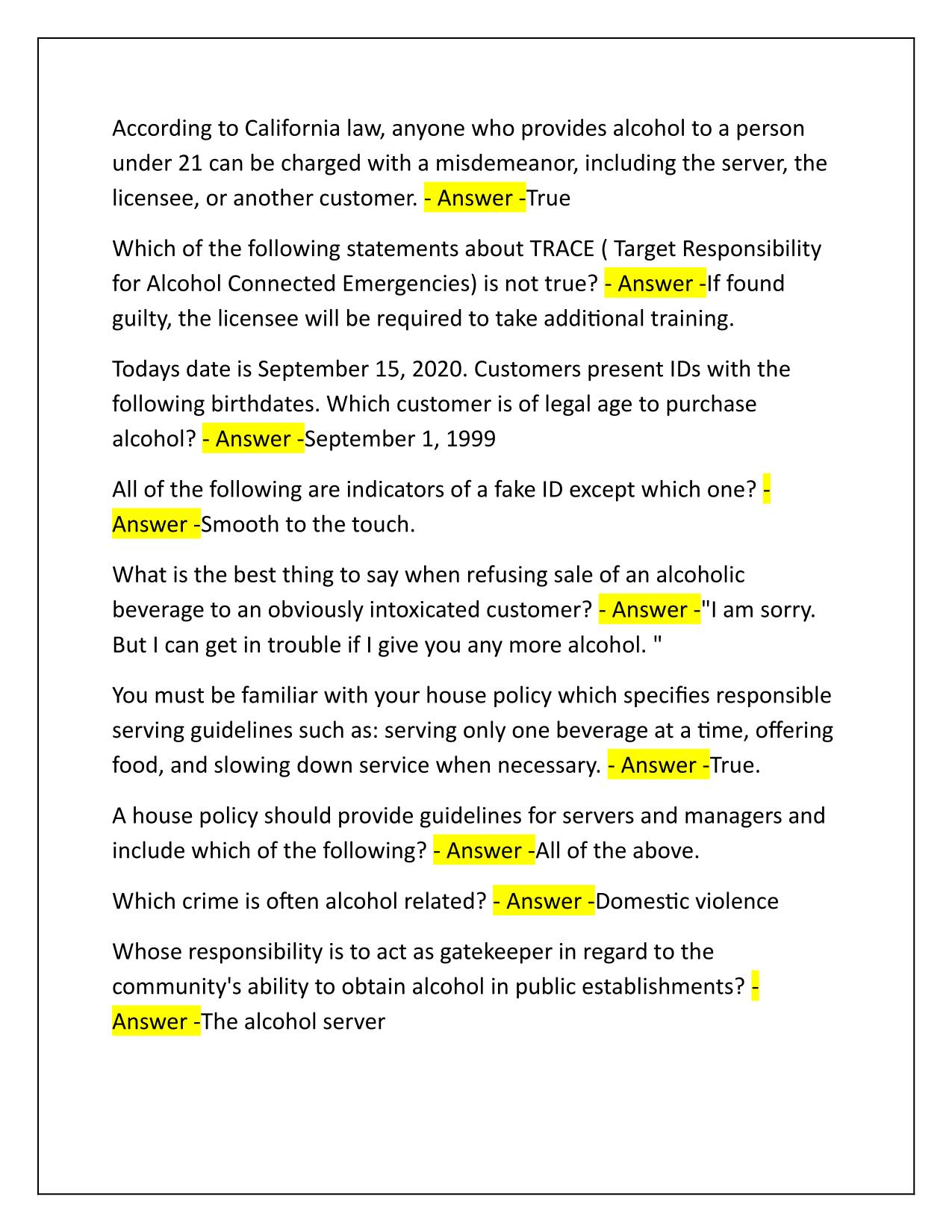 Alcohol Training and Exam Correctly Answered Latest Update