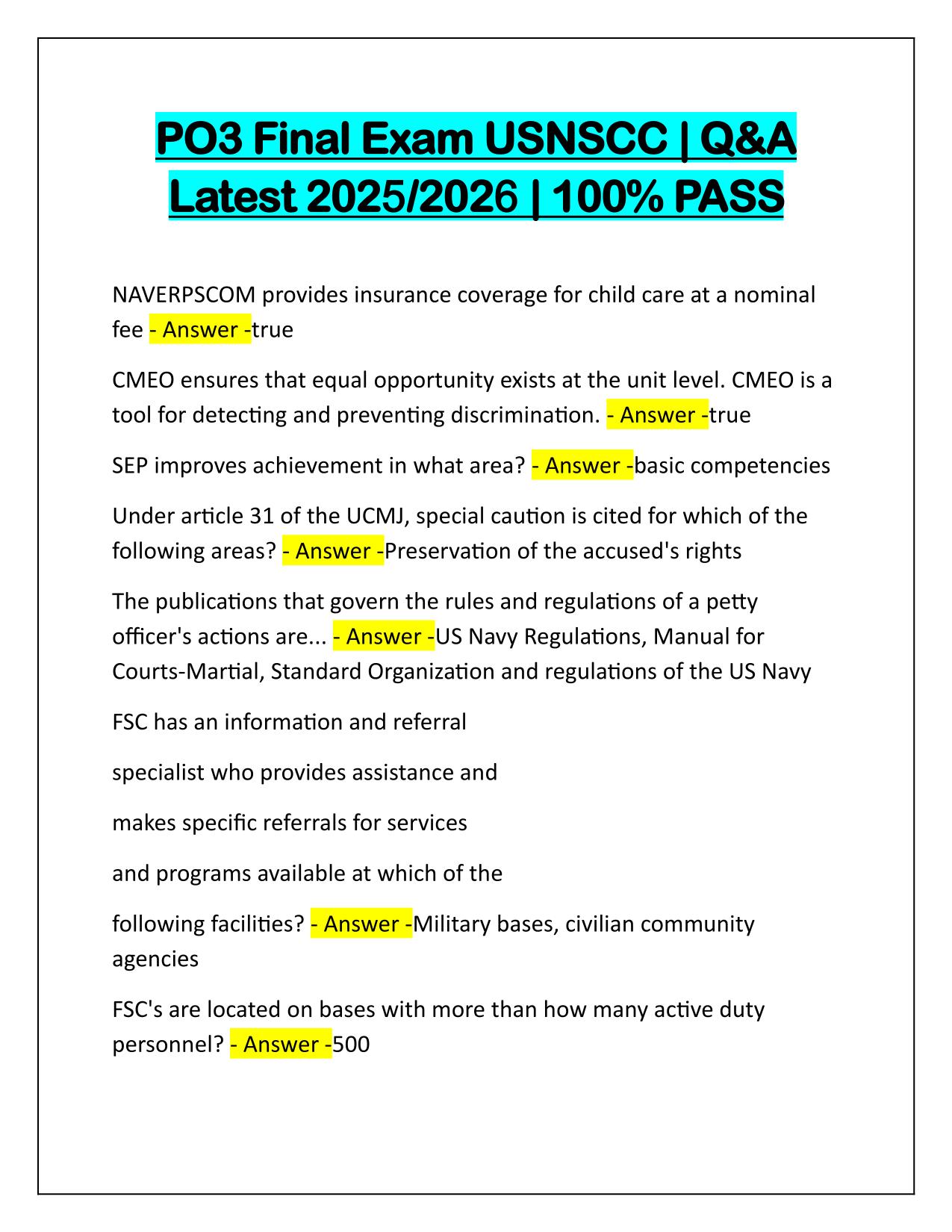 PO3 Final Exam USNSCC Questions and Correct Answers Latest Update 2025