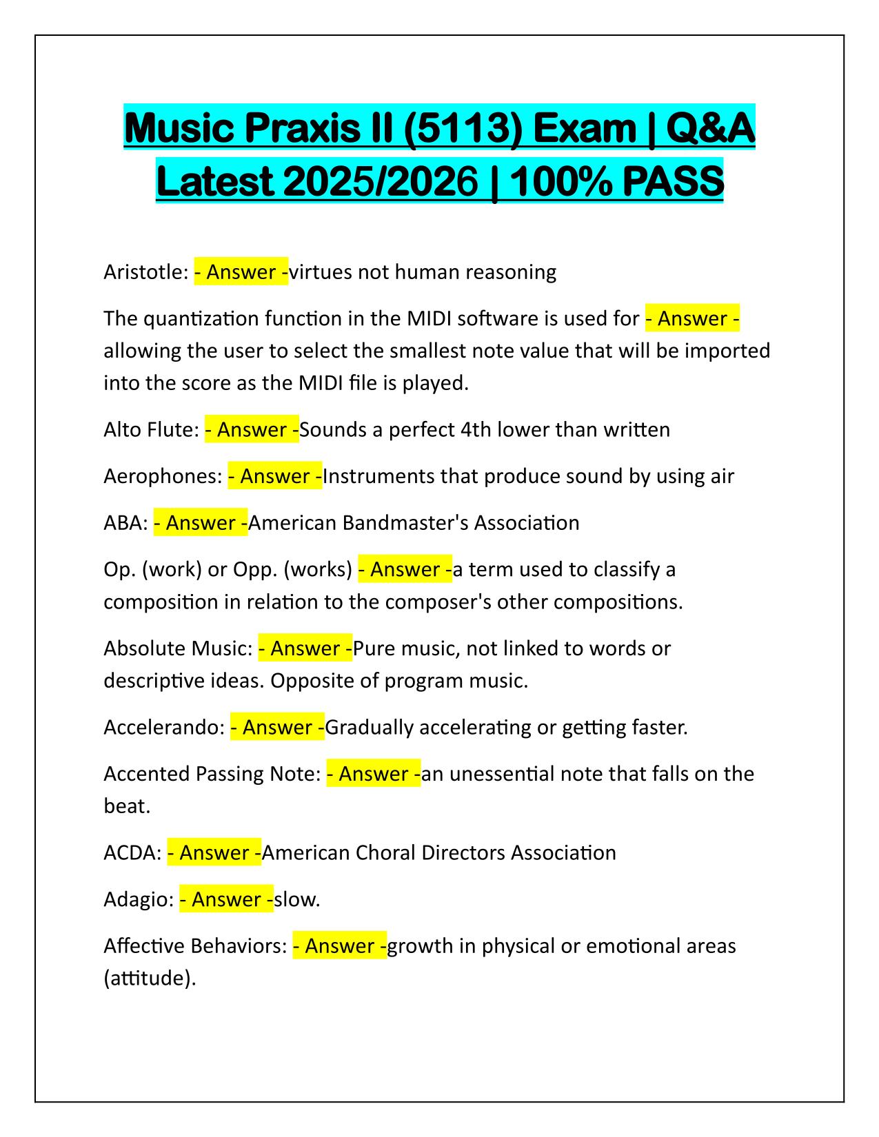 Music Praxis II (5113) Exam Q&A Latest Update