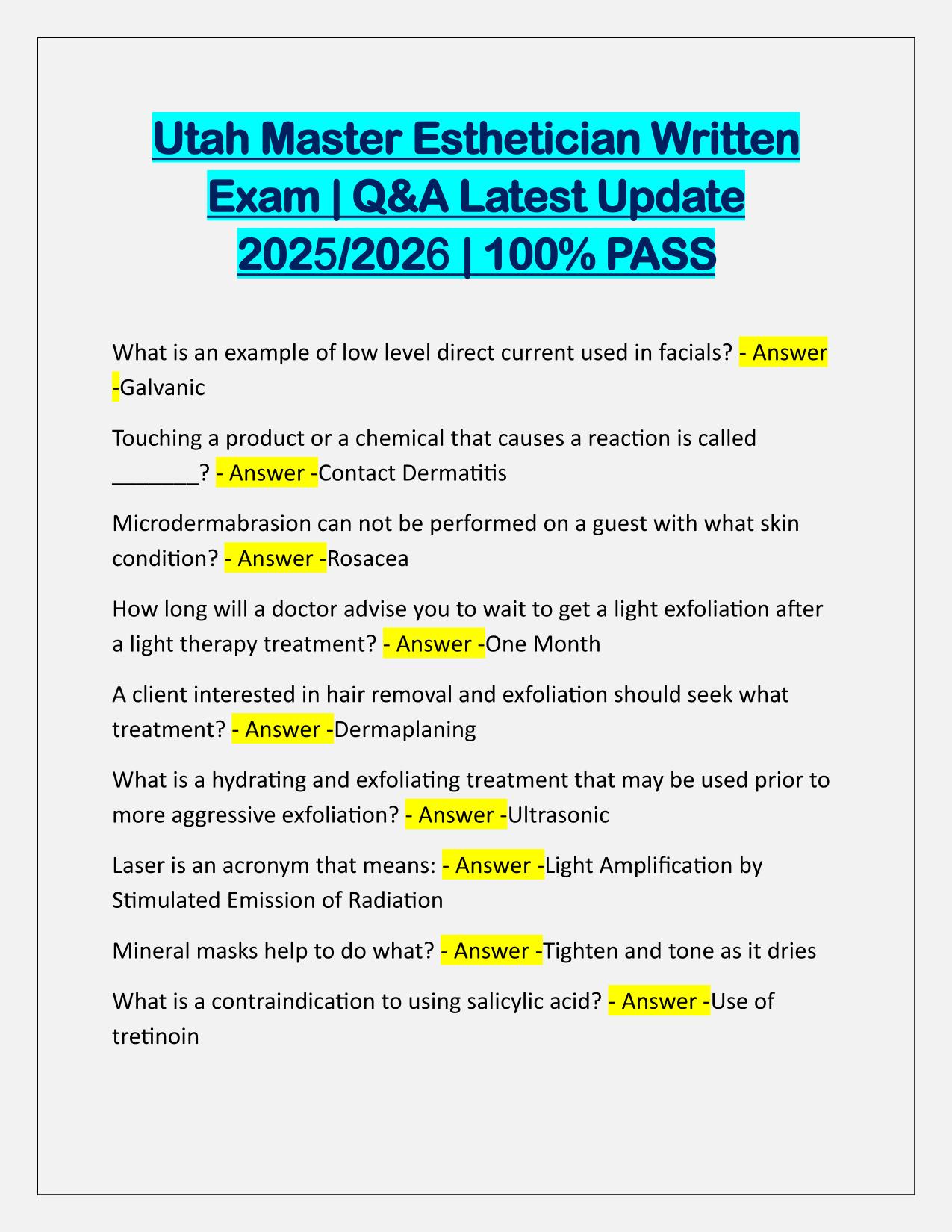 Utah Master Esthetician Written Exam Q&A Latest Update