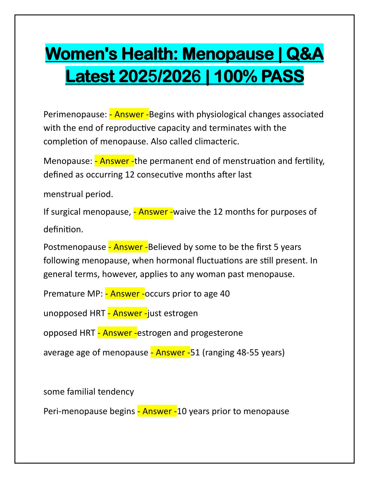 Womens Health Menopause Correctly Answered Latest Update 2025
