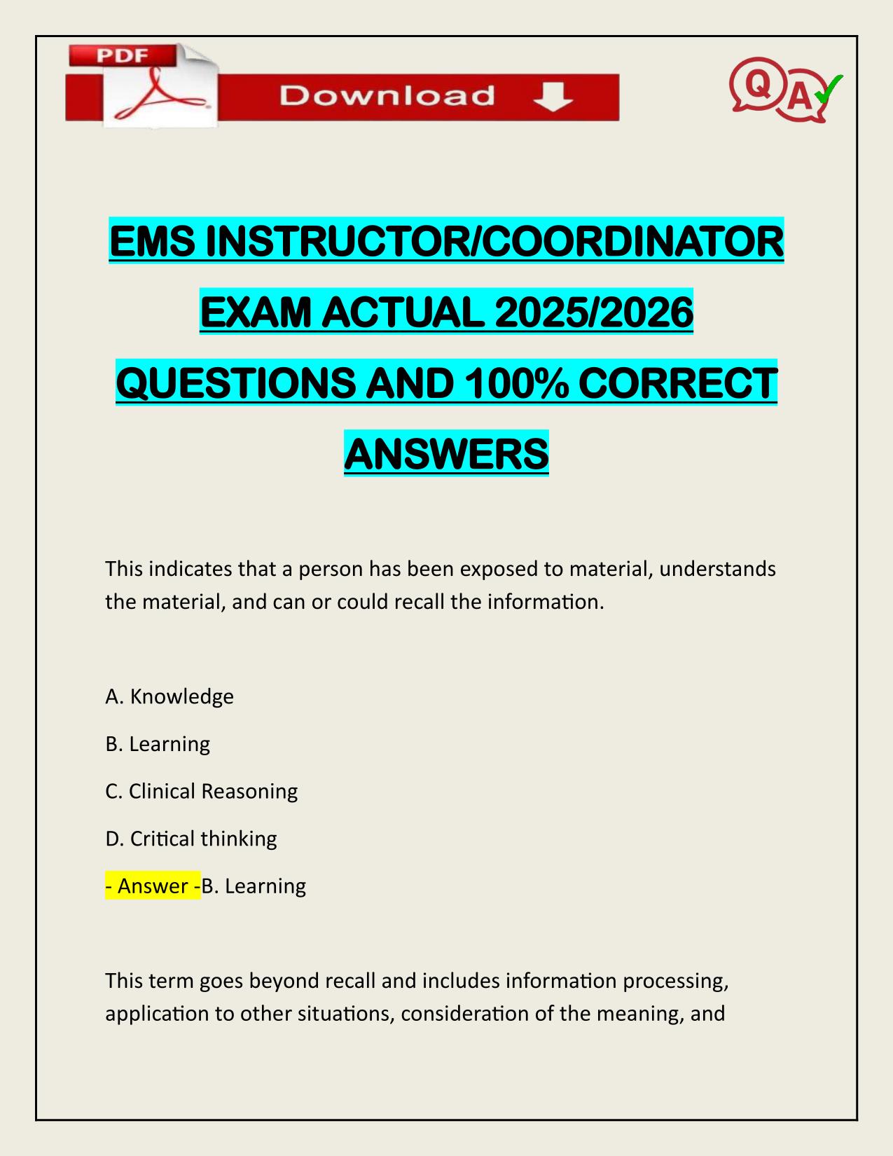 EMS INSTRUCTOR/COORDINATOR EXAM ACTUAL 2025/2026 LATEST UPDATE