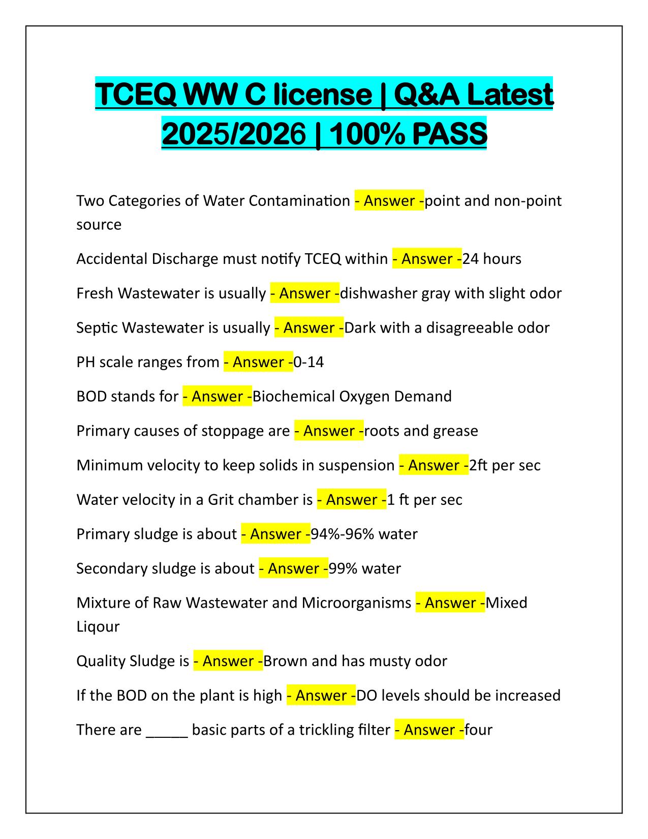 TCEQ WW C license Correctly Answered 2025-2026 Update