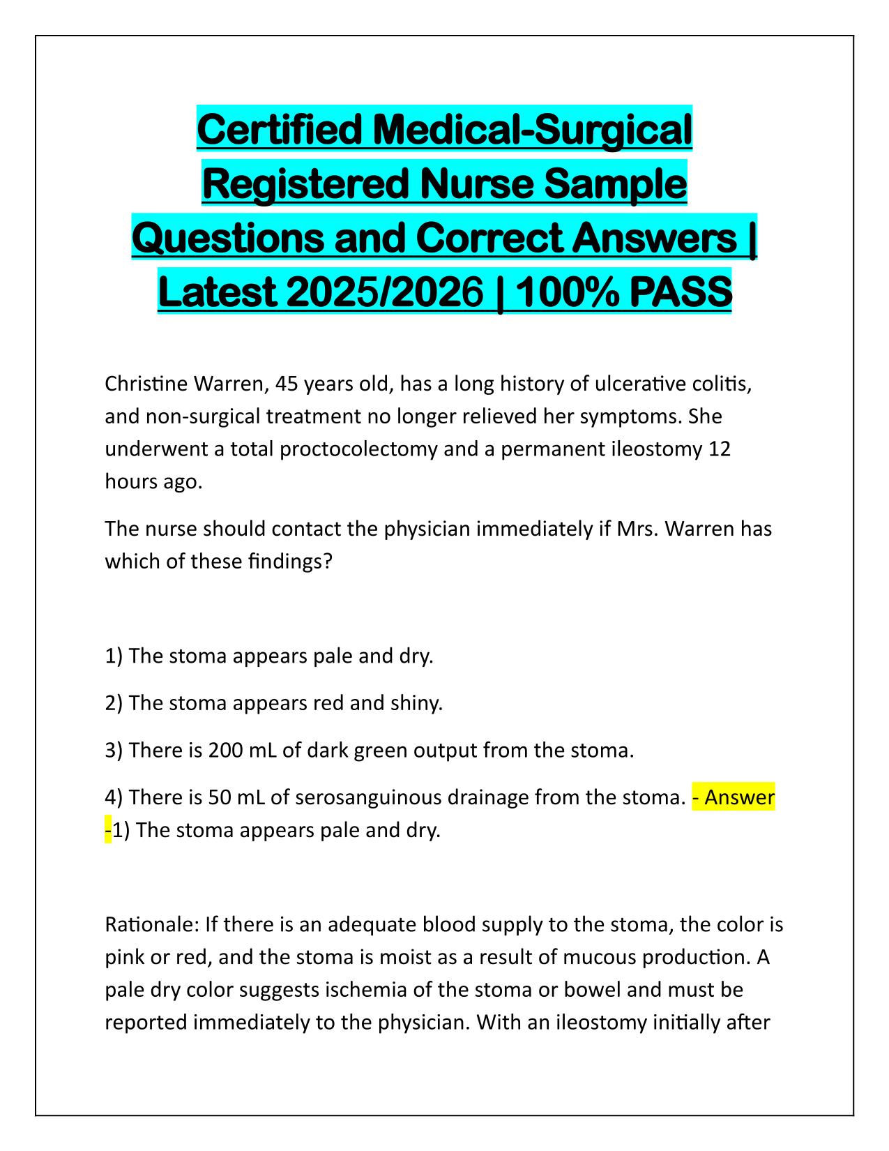 Certified Medical-Surgical Registered Nurse Sample Q&A Latest Update